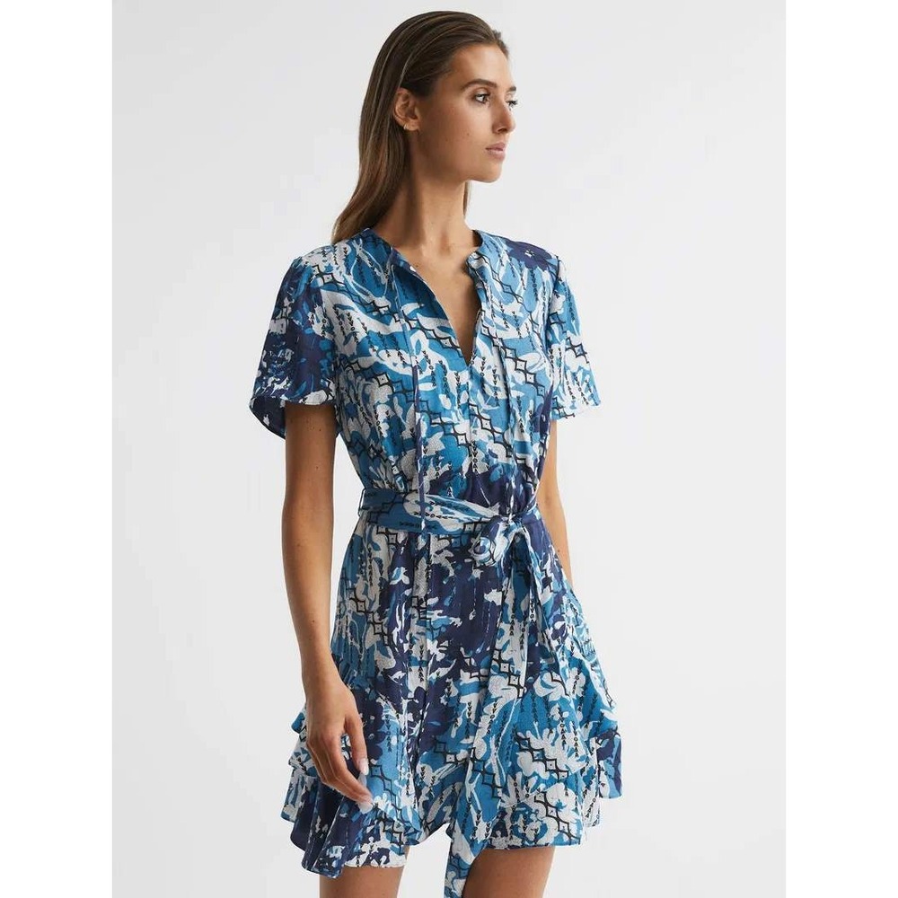REISS Posey Dress Women 4 Blue White Italian Fabric Abstract Ruffle Mini V-Neck